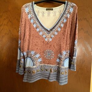 Ativa Women's Brown and Blue V-Neck Blouse